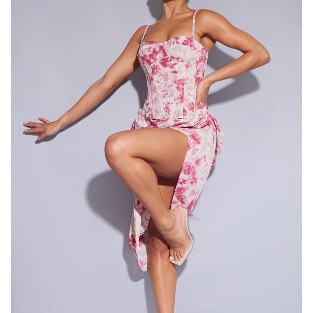 Fuchsia Tie Dye Print Structured Corset Top and Skirt Set